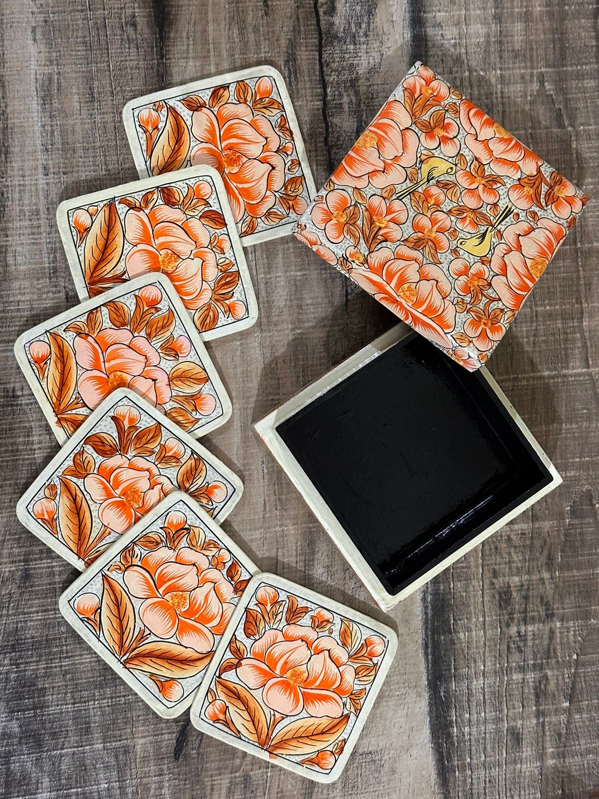Paper Mache Coaster Set ( 6 coasters ) with Trinket Box . Handmade Kashmiri Paper Mache Box
